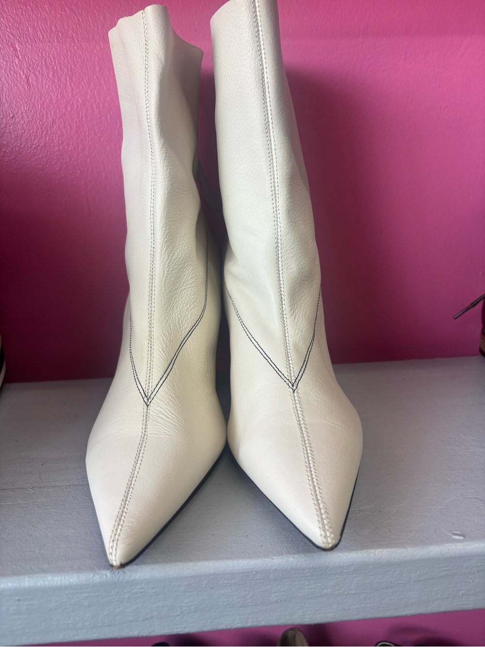 Topshop Cream Pointed-Toe Mid-Calf Heeled Boots